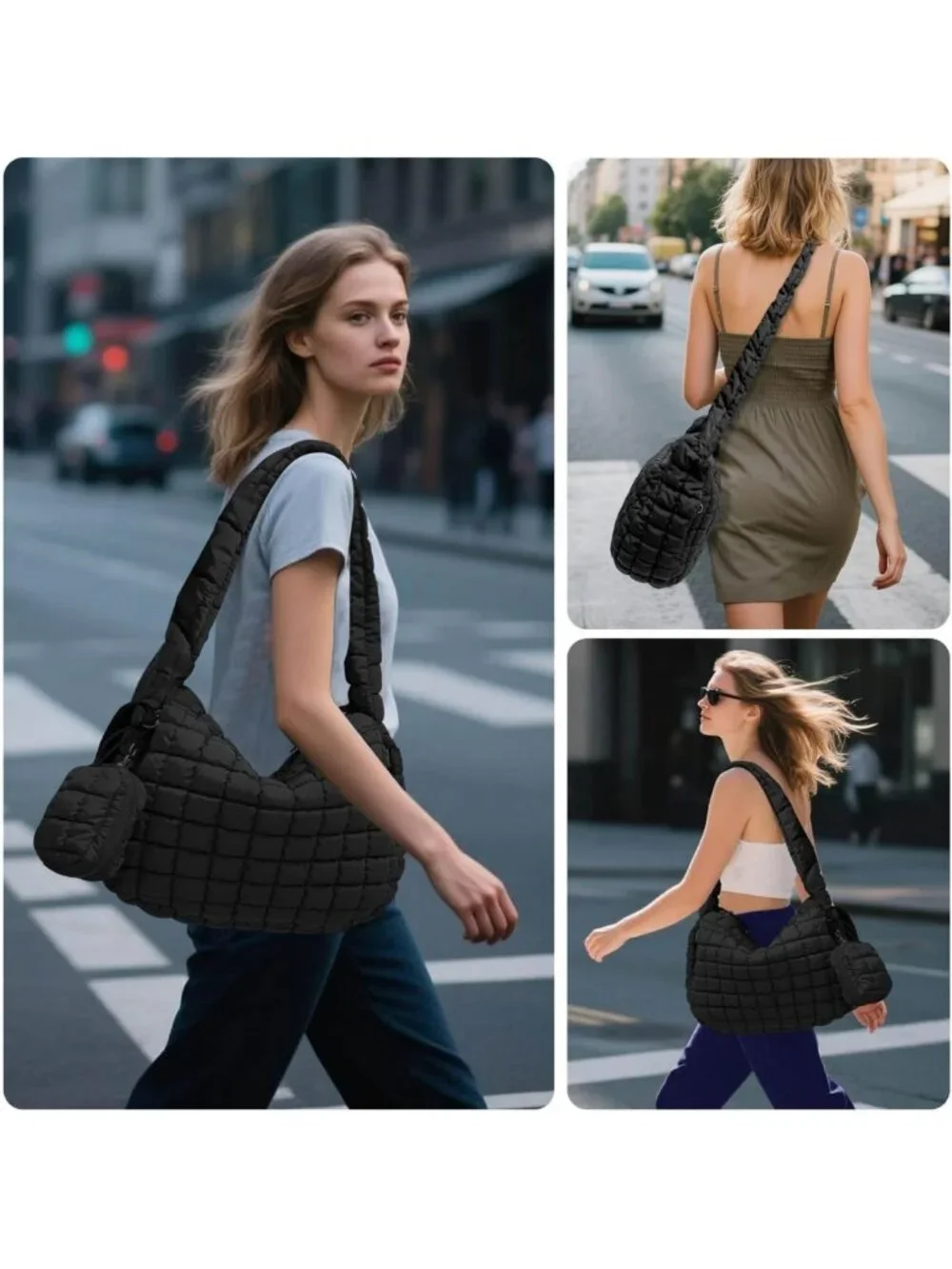 Large Quilted Puffer Tote Bag with Pouch | Stylish Puffy Hobo & Crossbody Purse